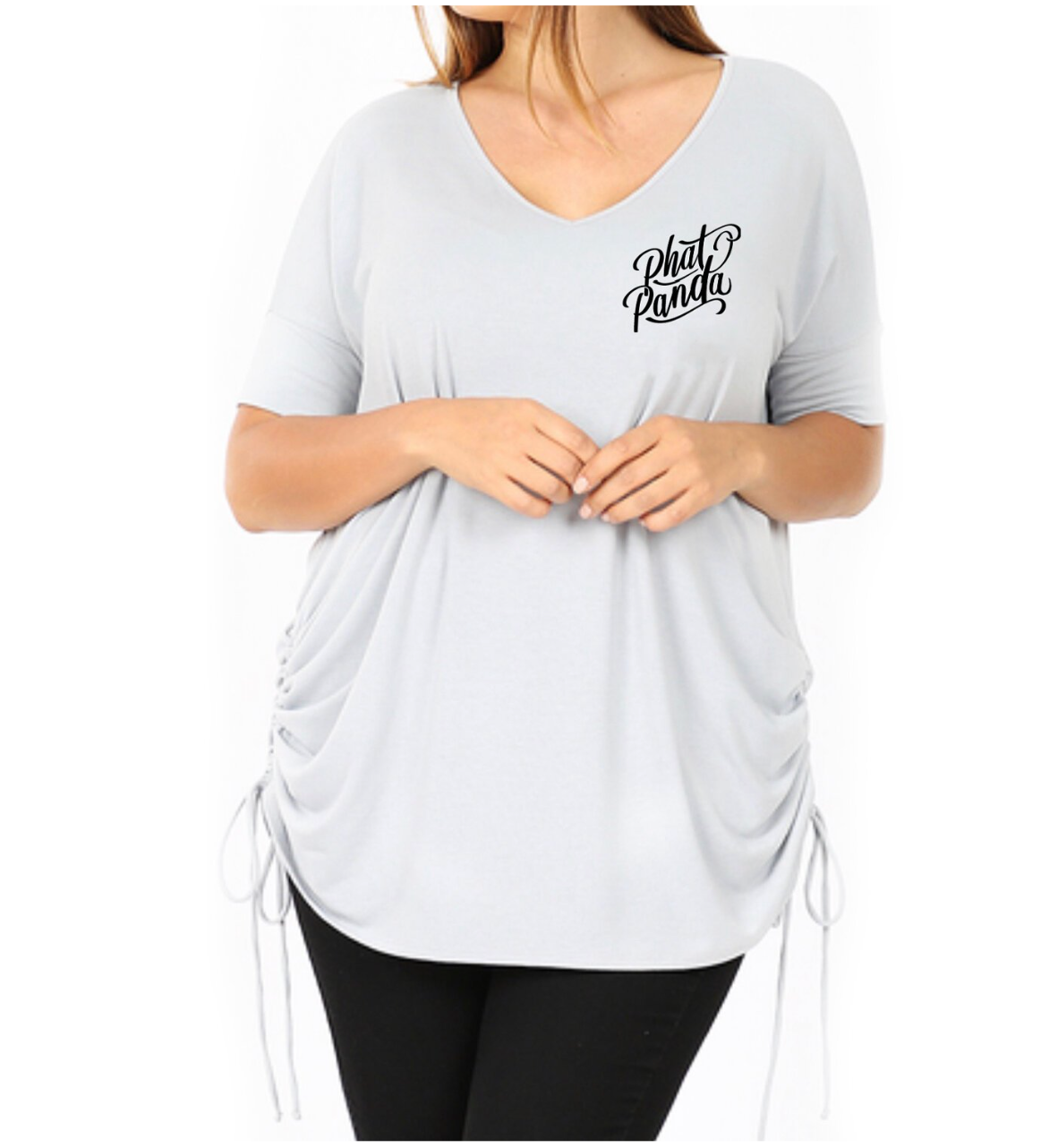 Womens Fancy Panda V-Neck Shirt (Light Gray)